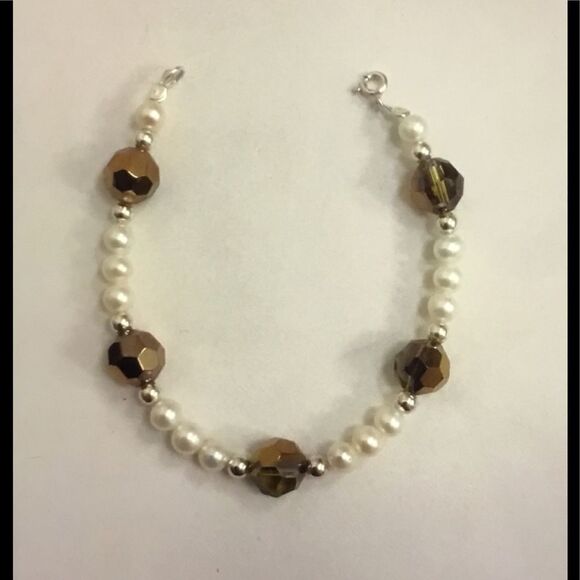 New Genuine Freshwater Pearl & Faceted Cocoa Crystal Bracelet - Picture 1 of 2